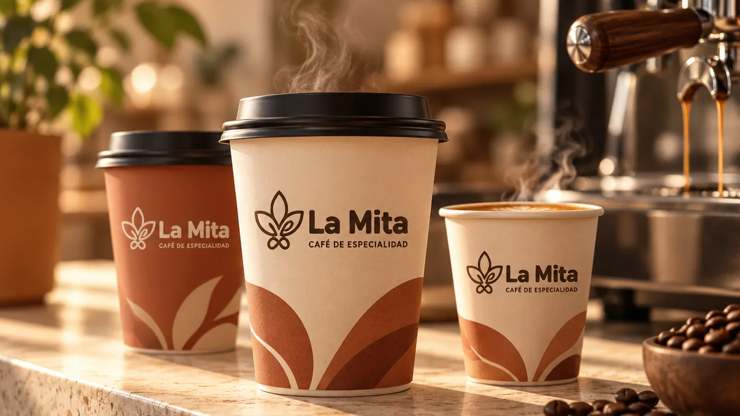 Tres vasos para llevar de La Mita sobre la barra, junto a la cafetera