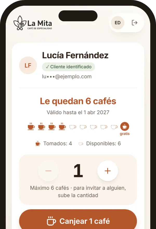 Ficha del cliente en la barra de La Mita al canjear un café