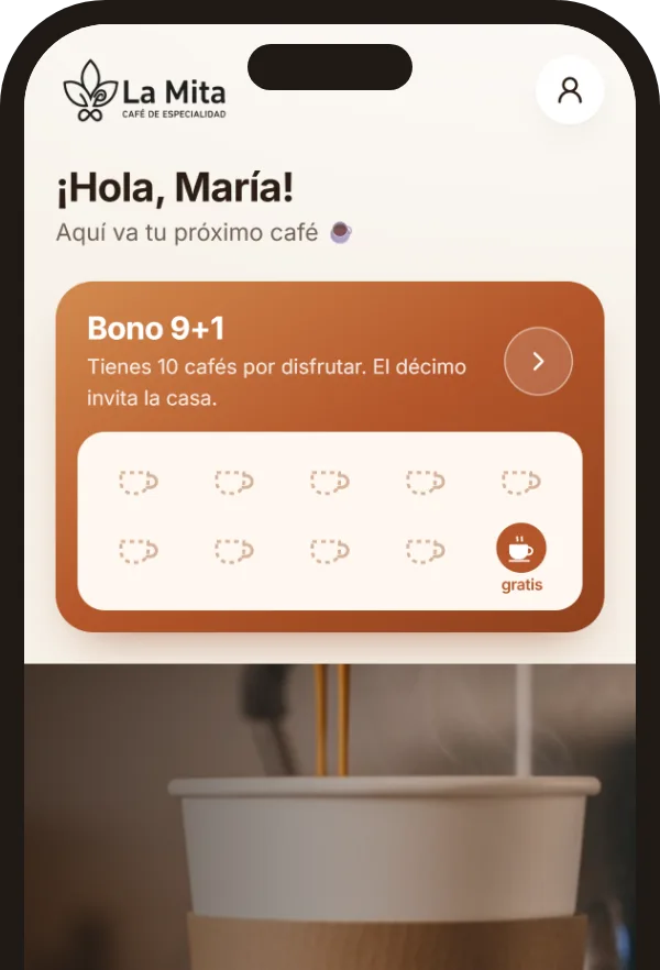 Inicio de La Mita App con el Bono Café 9+1 y los 10 cafés