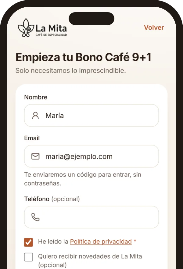 Formulario para crear la cuenta en La Mita App con nombre y email