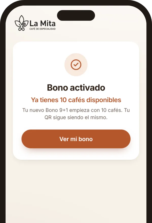 Pantalla de Bono activado con 10 cafés disponibles