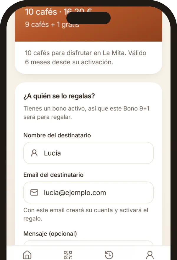 Formulario para regalar un Bono Café 9+1 con el nombre y el email de quien lo recibe